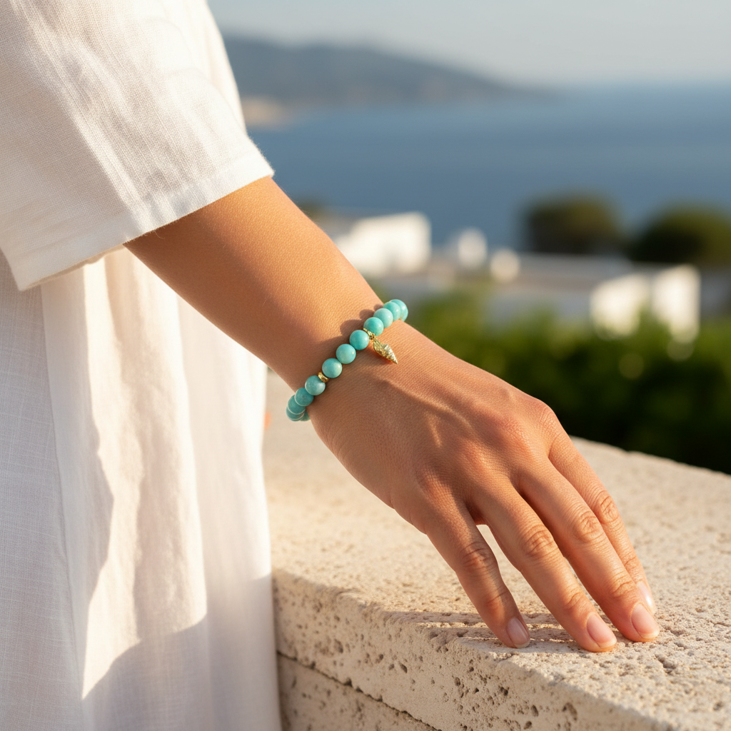 Armband aus Amazonitkugeln mit Goldelementen und kleiner Goldmuschel getragen am Handgelenk