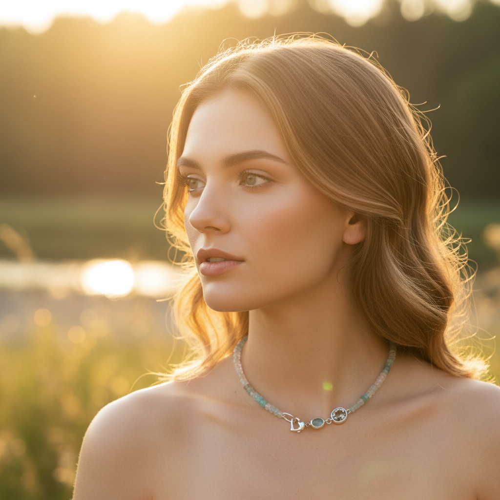Eine Frau trägt das Beryll-Collier im warmen Gegenlicht, im Hintergrund ein sanft unscharfer, sonnenverwöhnter Küstenstrich mit mediterranen Pflanzen. Fokus auf die Halskette und das Dekolleté.