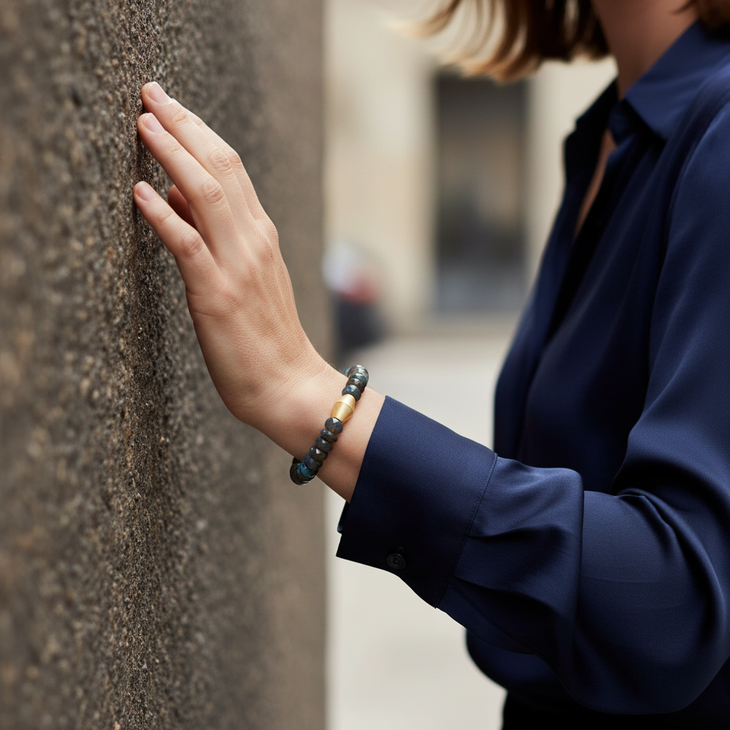 Das handgefertigte Labradorit-Statement-Armband getragen an einem Damen-Handgelenk. Das Foto zeigt die optimale Passform der 20cm Länge bei 12mm Steinstärke und das faszinierende Labradorisieren der facettierten blauen Edelsteine im Licht.