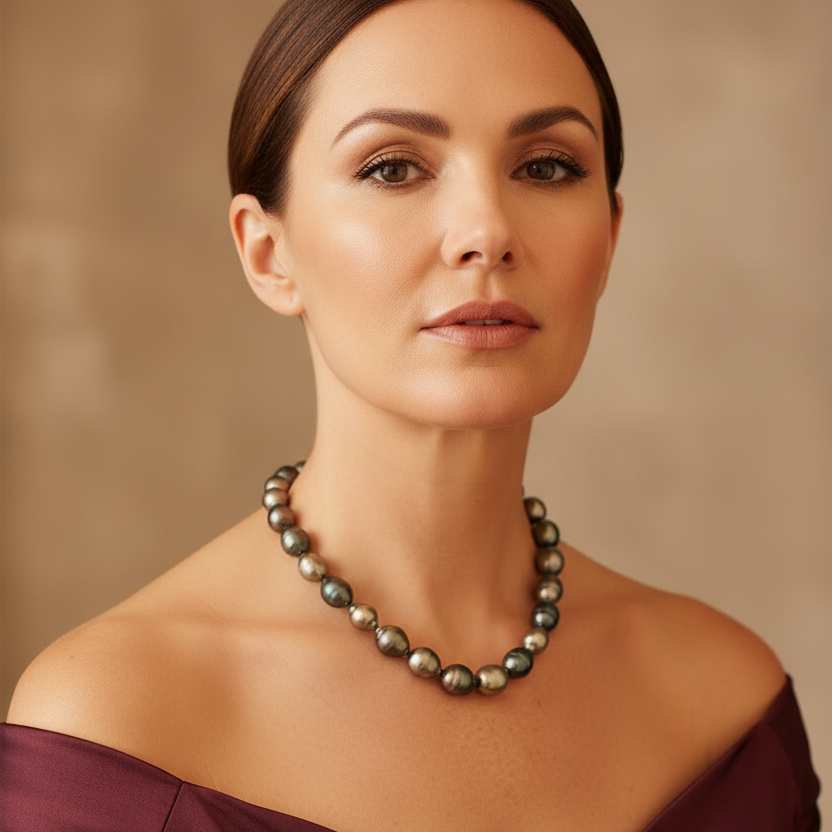 Tahitiperlenkette barockform 18ct Weißgold getragen Abendgarderobe