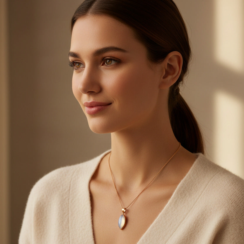 Mondstein Rotgoldanhänger mit passender Ankerkette getragen handgefertigt Anita Scheja