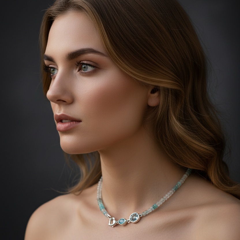 Nahaufnahme des Dekolletés einer Frau mit warmem, blondem Haar, die das Beryll-Collier trägt. Der handgearbeitete Silber-Herzkarabiner-Verschluss ist seitlich am Hals positioniert.