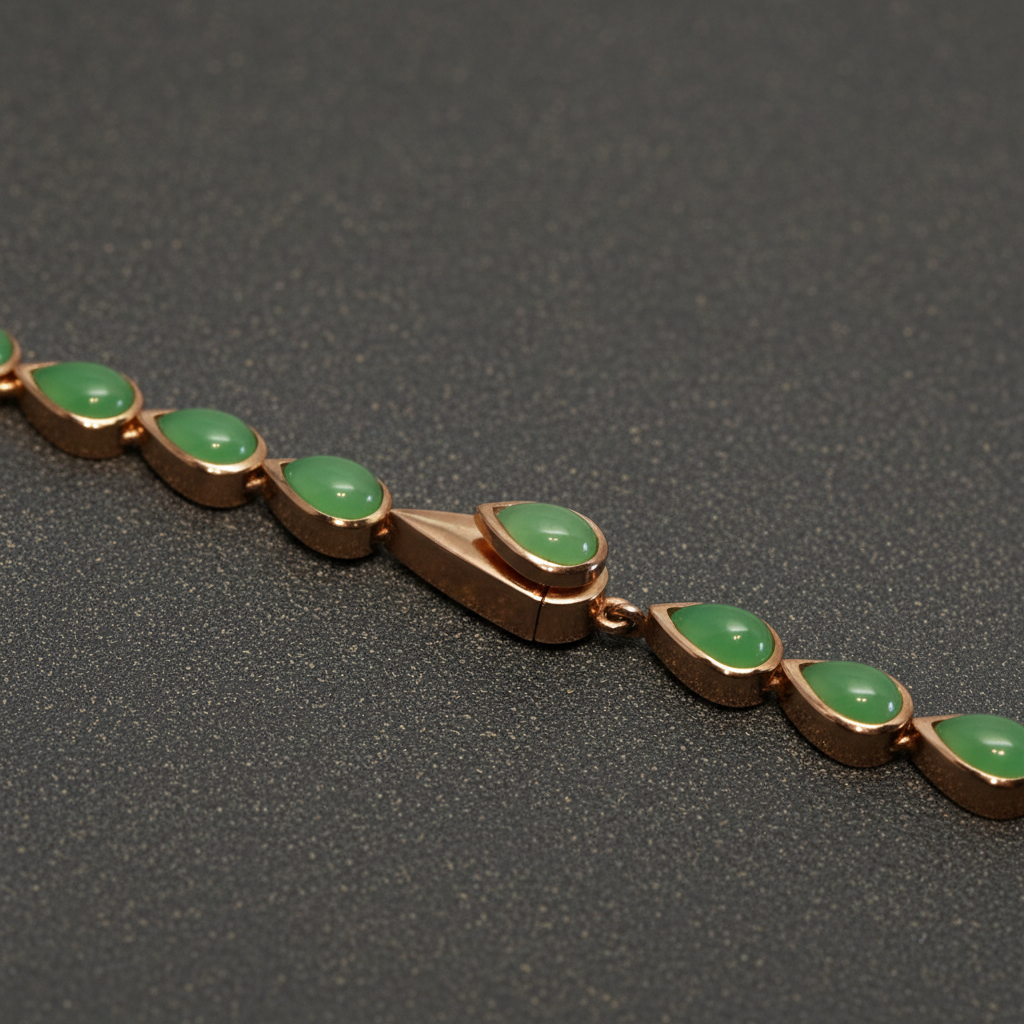 Makroansicht des handgefertigten, unsichtbar integrierten Kastenschlosses aus 750er Rotgold plattiertem 925 Silber, das sich nahtlos in die Reihe der gefassten Chrysoprastropfen einfügt.