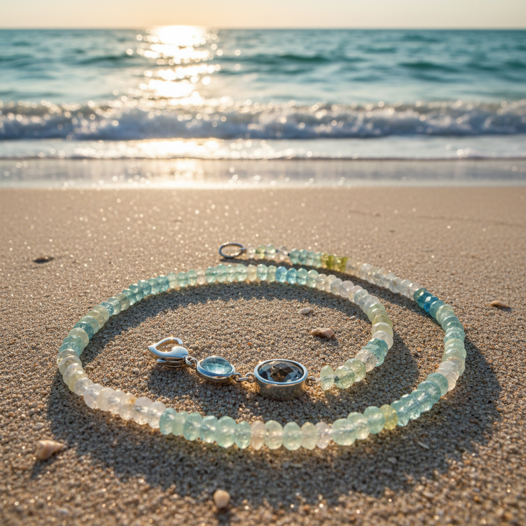 Die facettierte Beryll-Edelsteinkette liegt auf feinem, hellem Sandstrand direkt am Wasser, im Hintergrund ist das sanft plätschernde, türkisfarbene Meer mit Sonnenreflexionen zu sehen.