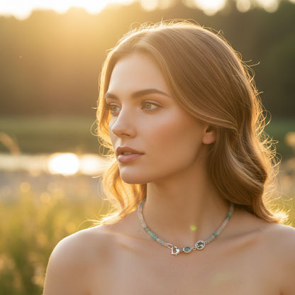 Eine Frau trägt das Beryll-Collier im warmen Gegenlicht, im Hintergrund ein sanft unscharfer, sonnenverwöhnter Küstenstrich mit mediterranen Pflanzen. Fokus auf die Halskette und das Dekolleté.