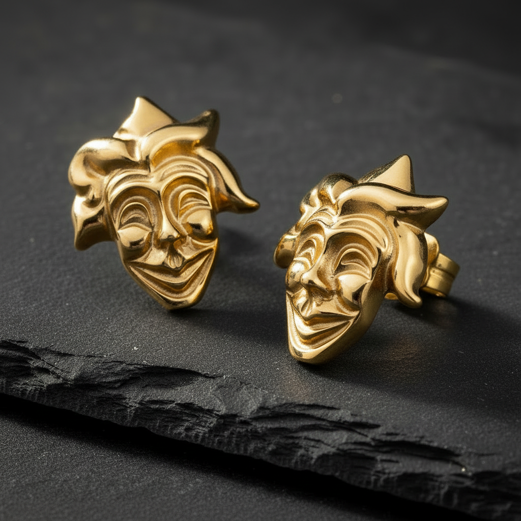Zwei Gesicher als Ohrstecker in 750er Gelgold- Narrenmaske skulptural ausgearbeitet- handgefertigte Goldschmiedearbeit