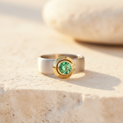 Weissgold Gelbgoldring mit leuchtendem Turmalin handgefertigt im Allgäu