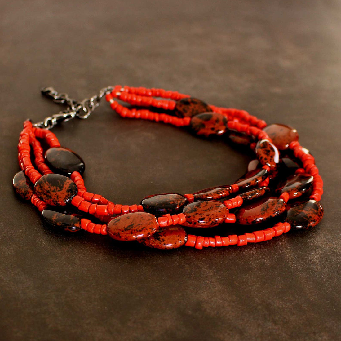 Collier Koralle Sardinien, Mahagoniobsidian, mehrreihig