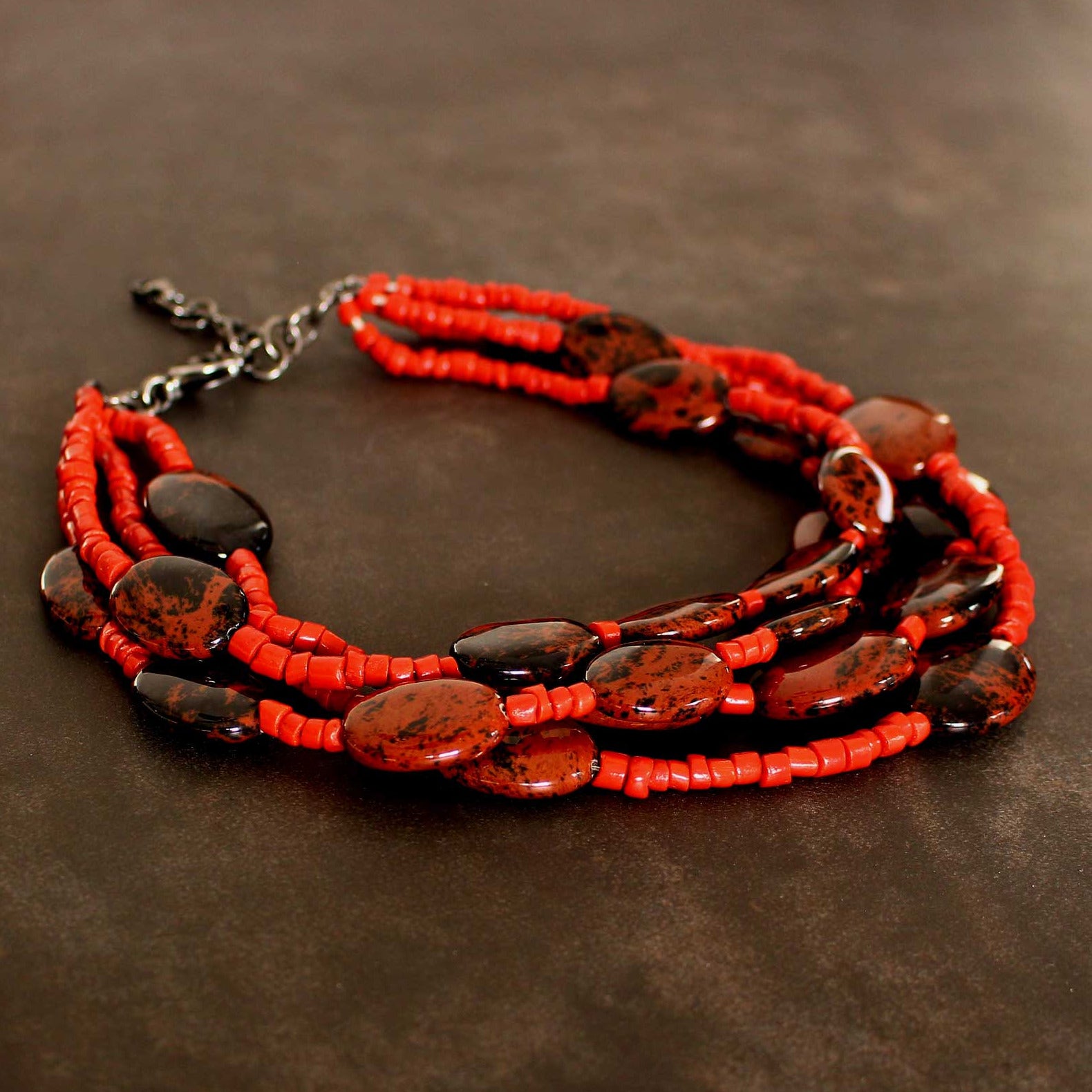 Collier Koralle Sardinien, Mahagoniobsidian, mehrreihig