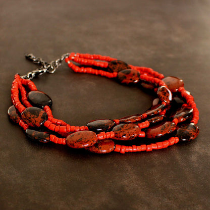 Collier Koralle Sardinien, Mahagoniobsidian, mehrreihig