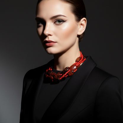 Statement Korallcollier mehrreihig, handgefertigter Halsschmuck aus Sardinien-Koralle