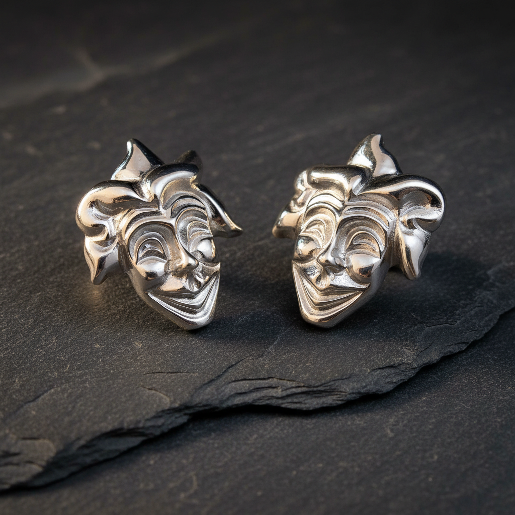 Handgefertigte Silber Ohrstecker mit Masken als Narrengesicht. Skulpturale Ohrstecker von LuxuryInDesign.