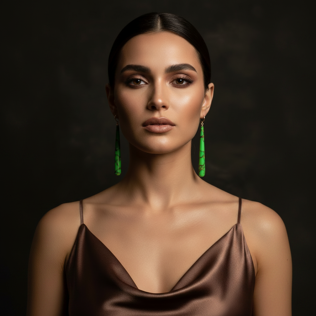Frontalansicht einer Frau mit  dunklen Haaren, die die langen iranischen Türkis-Ohrringe trägt. Die 60mm langen Edelstein-Pampeln rahmen das Gesicht ein und betonen die elegante, minimalistische Aufhängung in 18 Karat Rotgold.