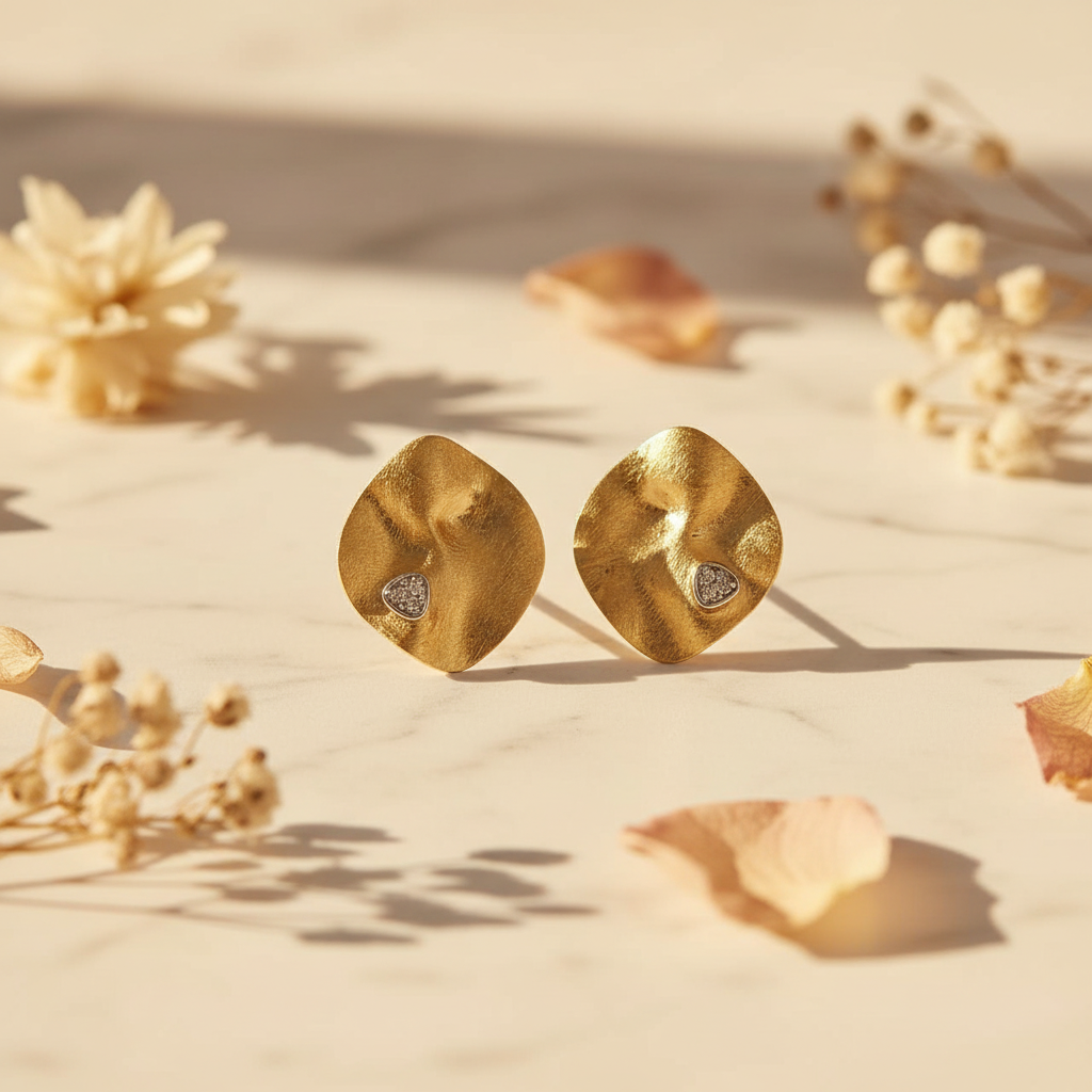 Goldohrstecker 14ct mit organischen Formen und mattierter Oberfläche – drei Brillanten 0,09 ct in Weißgoldfassungen - handgefertigtes Designerstück aus deutscher Goldschmiedewerkstatt