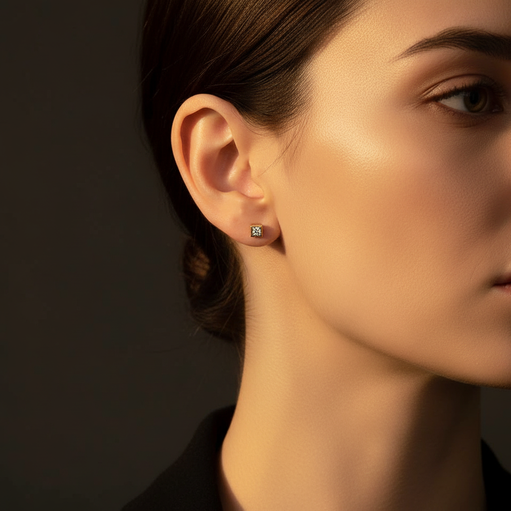 Goldohrstecker 18ct Gelbgold mit Diamanten 0.31ct im prinzess Schliff Detailaufnahme am Ohr handgefertigt Anita scheja 